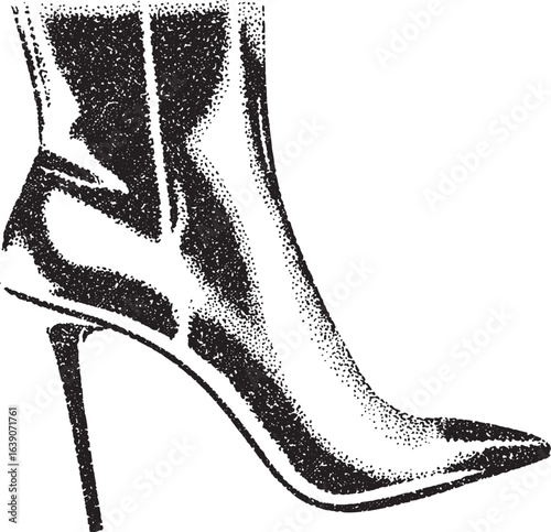 Halftone Y2K Brutalist High-Heeled Boot – Black and White Stipple Fashion Vector for Grunge Punk Rock or Gothic Collage Design