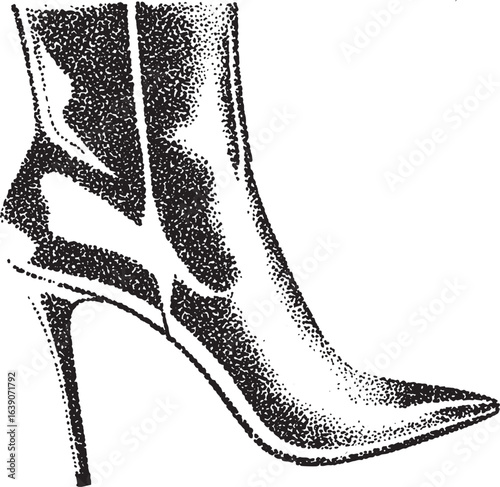 Halftone Y2K Brutalist High-Heeled Boot – Black and White Stipple Fashion Vector for Grunge Punk Rock or Gothic Collage Design