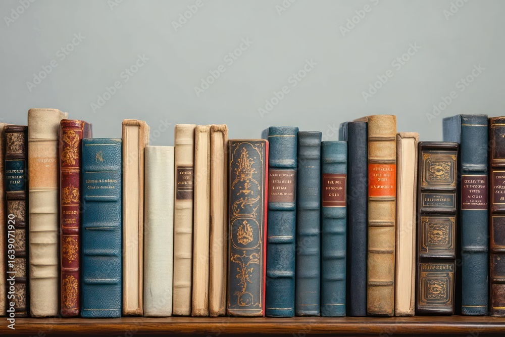 Naklejka premium Row of antique books with leather and cloth bindings arranged upright against a plain gray background, evoking a sense of history and knowledge