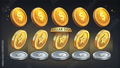 Set of Cartoon Game Coins with Dollar and Star Signs in Gold and Silver isolated on dark background