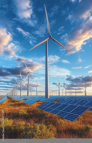 Expansive renewable energy farm with numerous wind turbines and solar panels under a vibrant, partly cloudy sky during golden hour