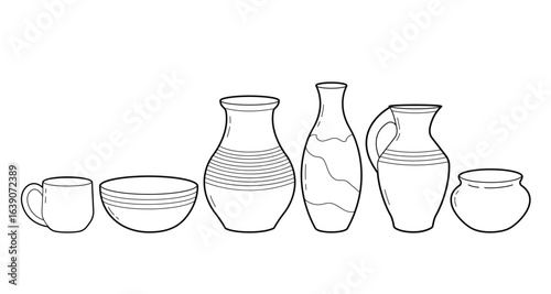 Clay utensil set. Handmade kitchenware pots, vases, Jugs and cup. Outline illustration, isolated on white background, design elements