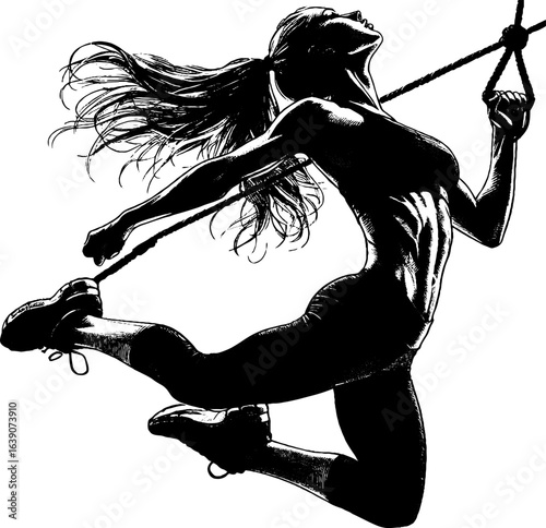Athletic woman jumping with resistance band in silhouette style  