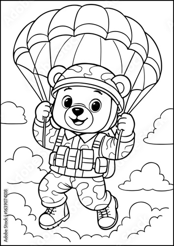 Anthropomorphic Animals, A daring paratrooper bear in full gear jumps from a plane, ready for an exciting mission, in a detailed black-and-white coloring page.