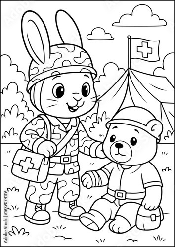 Anthropomorphic Animals, coloring page, A rabbit medic helps a wounded comrade, showing kindness and bravery.