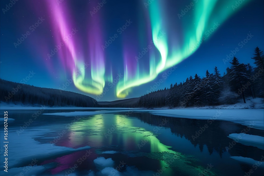 Naklejka premium Aurora Borealis over a Frozen Lake Reflected in the Water with a Forest Landscape