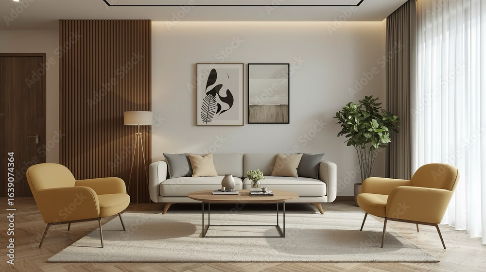 Fototapeta premium Modern Interior Design of a Living Room with Yellow Armchairs