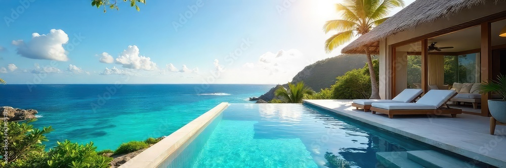 Fototapeta premium Sun-drenched private villa with infinity pool overlooking a breathtaking ocean vista Perfect for an unforgettable luxury getaway Relax and rejuvenate in paradise , elegant, luxury travel