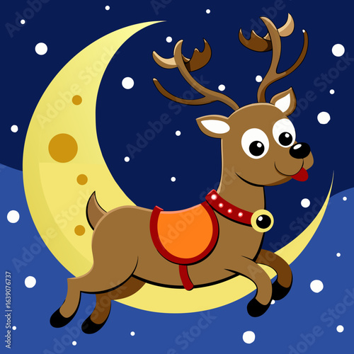 Cartoon reindeer flying in the night sky with moon and snow decoration