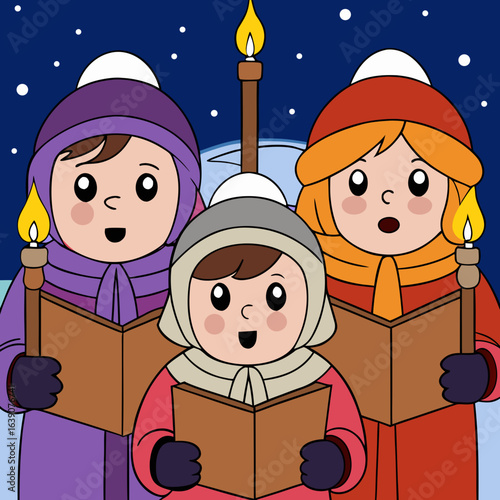 Three cute carol singers performing in the snow on a cold winter night
