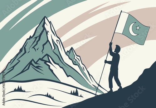 K2 Summit with Pakistani Flag – 14 August Independence Day Scenic Vector Illustration
