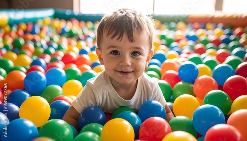 Child smiling amidst colorful plastic balls.