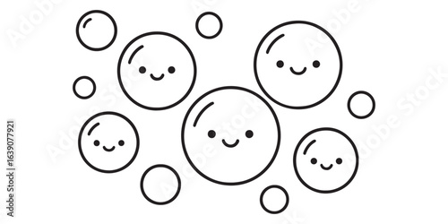 Cute Kawaii Bubbles with Smiley Faces Line Art