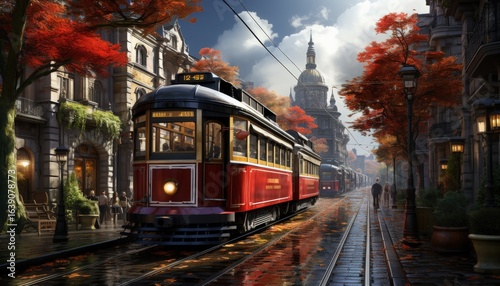 A historic tram running through an old city