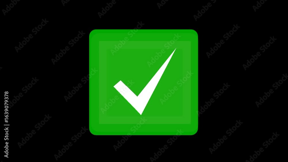 Green check mark animation on black background and green screen. Symbol of approval and success. Simple confirmation icon for motion design. Green check mark animation on black background and green screen. Symbol of approval and success. Simple confirmation icon for motion design.