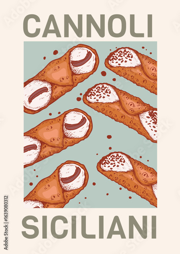 Sicilian Cannoli retro poster. Hand drawn sweet pastry in sketch style. Vintage design template. Vector illustration.