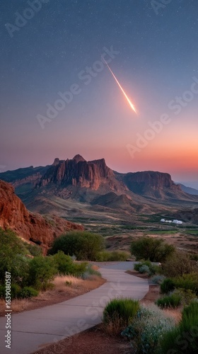 Bright Meteor Streaking Across Colorful Night Sky Over Mountains