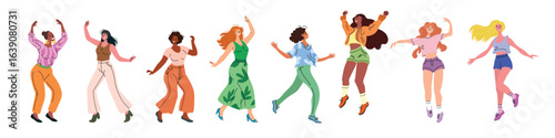 Women and girls dancing set in flat design. Dance to music at disco party, performance and entertainment. Bundle of diverse characters. Vector illustrations.