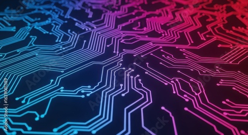 Abstract digital network of glowing circuits with vibrant blue and magenta hues creating a futuristic technological landscape