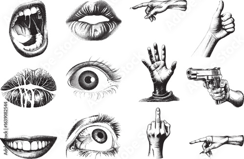 Halftone Y2K Brutalist Stipple Vector Set – Open Lips, Tree Branch Lips, Smiling Mouth, Pursed Lips, Eyes, Pointing Finger, Thumbs Up, Open Hand, Pistol Grip, Middle Finger & Pen Holding Hand – Black