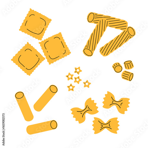Different sorts of pasta in flat modern style. Farfalle, rigatoni, stellini, ditalini, cannelloni, raviolii. Traditional Italian home made food. Vector illustrations isolated on white.
