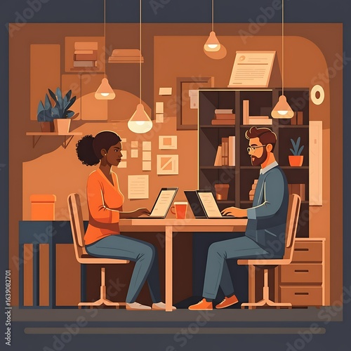 Diverse Professionals Collaborating on Laptops in a Modern Office Setting for Productivity and Teamwork Illustration