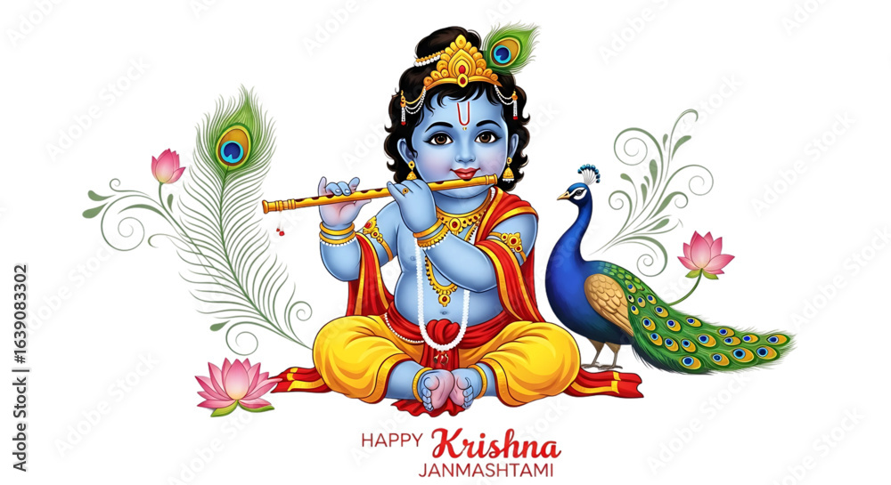 Naklejka premium Happy Janmashtami,Little Krishna with Flute & Peacock,Vector Art