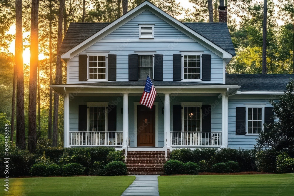 Obraz premium Two-story white house with black shutters and porch surrounded by green shrubs and tall pine trees at sunset with an American flag hanging by the front door