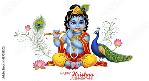 Happy Janmashtami,Little Krishna with Flute & Peacock,Vector Art