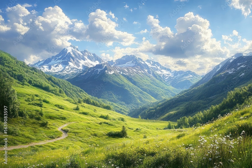 Fototapeta premium Green valley with winding path leading towards snow-capped mountain peaks under a bright blue sky filled with fluffy clouds