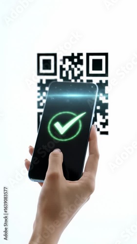Wallpaper Mural A diverse hand holds an ultra-thin smartphone, scanning a QR code on a bright minimalist white surface, with a digital data flow effect and green checkmark, slow dolly and pull-back video. Concept of Torontodigital.ca