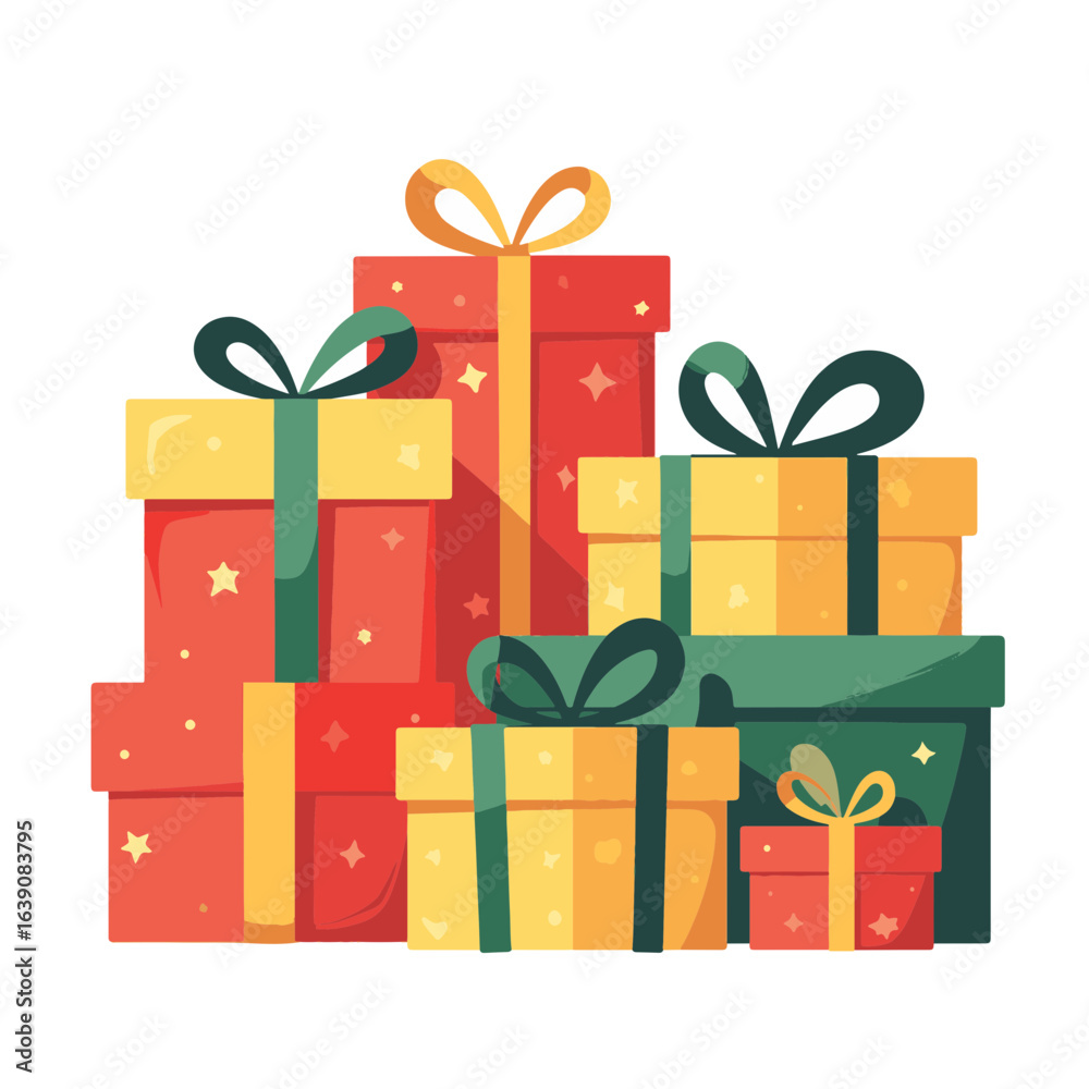 Fototapeta premium Brightly wrapped Christmas gift boxes stacked in playful arrangement, celebration