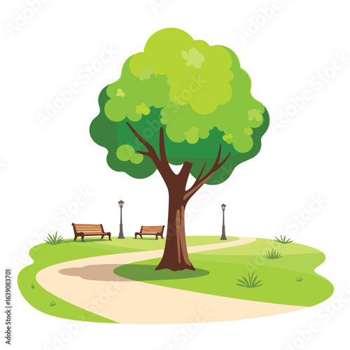Stylized tree standing by winding path in serene park, nature tranquility