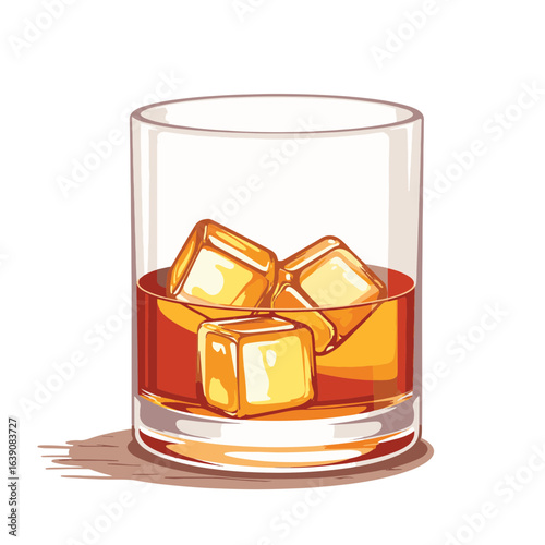 Stylized whiskey glass with ice cubes on wooden surface, relaxation