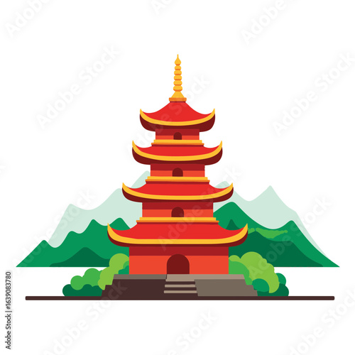 Vibrant pagoda against stylized green mountains, cultural symbolism