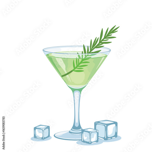 Elegant cocktail glass with rosemary and ice cubes, refreshing drink