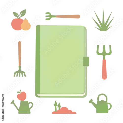 Minimalistic farming notebook with gardening tools, eco-friendly concept