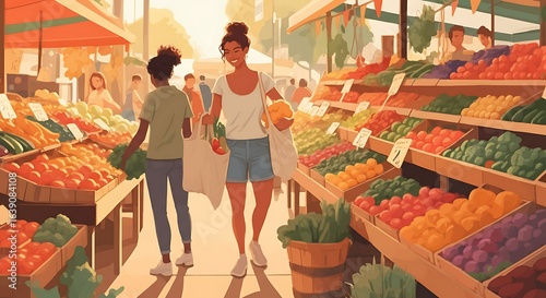 Vibrant Farmers Market Scene with Diverse Produce and Smiling Shoppers A Community Gathering for Fresh and Healthy Foods