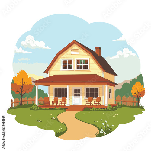 Inviting farmhouse with porch surrounded by nature, cozy living