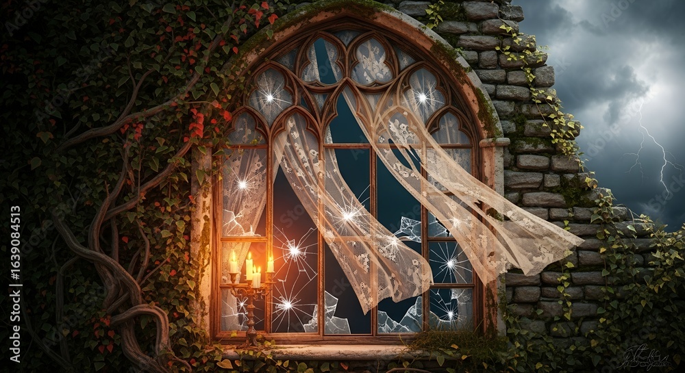 Obraz premium Abandoned Victorian Mansion Window, cracked glass and peeling paint framed by ivy, moody golden-hour light, haunted gothic architecture, eerie abandoned house facade, cobwebs, and dust