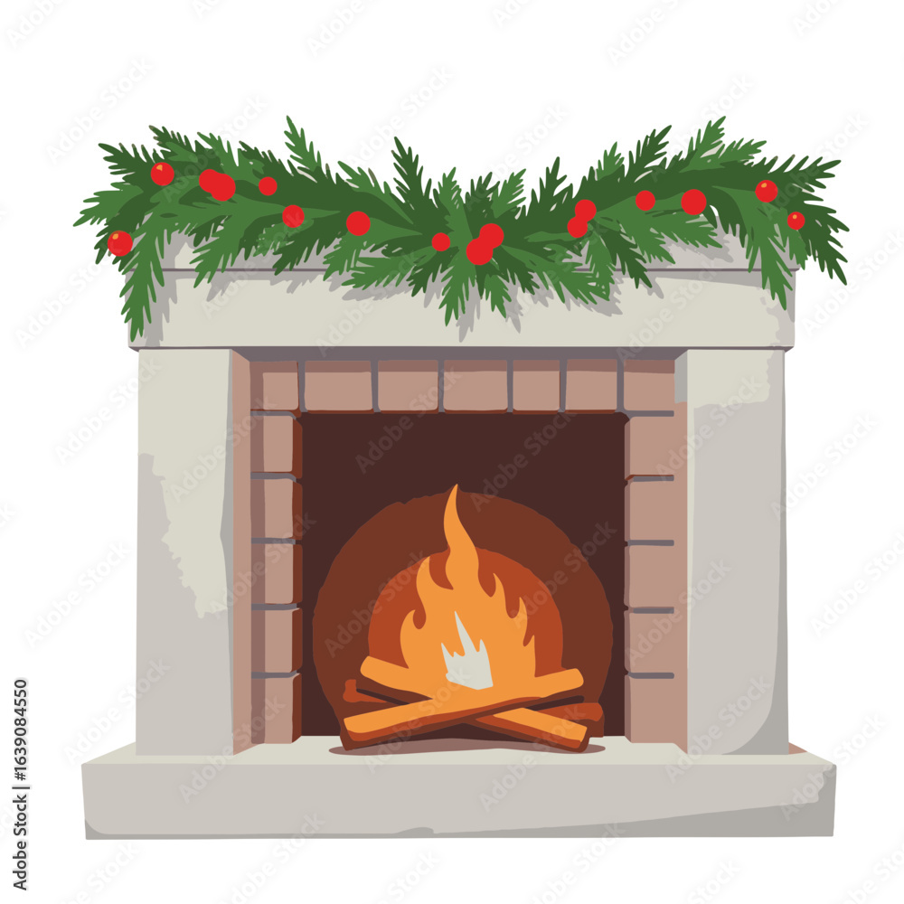 Fototapeta premium Classic stone fireplace with festive garland, cozy winter ambience