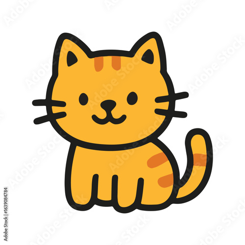 A fun cartoon drawing of a cute orange kitten sitting with a happy, funny character and fluffy tail