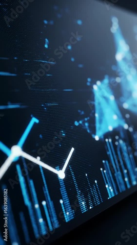 A sleek dark digital display with glowing blue and white data visualizations of expanding networks and rising line graphs, filmed with a slow push-in dolly video to a tight close-up. Concept of