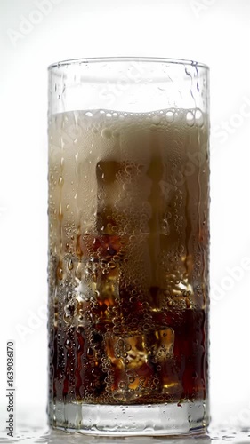 Tall highball glass, dark effervescent carbonated beverage, crystal-clear ice, condensation, and rising bubbles in super slow-motion on a bright white studio background with bokeh, high-end