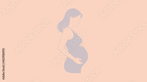 Minimalist silhouette illustration of a pregnant woman gently holding her belly. A lucid and serene depiction of motherhood.