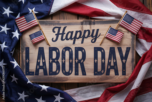 Happy Labor Day sign surrounded by American flags and fabric image photo