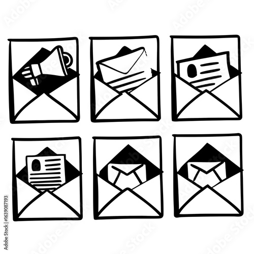 Hand drawn mail and marketing icons set isolated on white background featuring envelopes and profiles