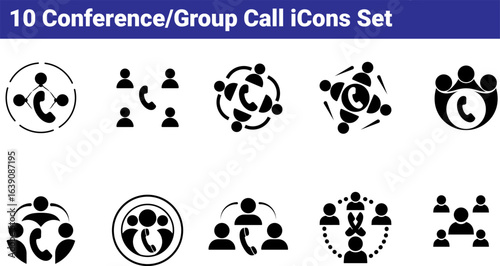 Conference call icon set. 10 simple glyphs for group calls, team meetings, and remote collaboration. Vector symbols.