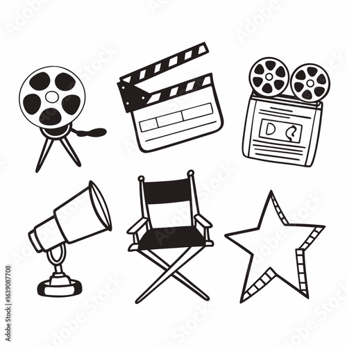 Film and movie icons, isolated on white background, including camera, directors chair, and clapperboard