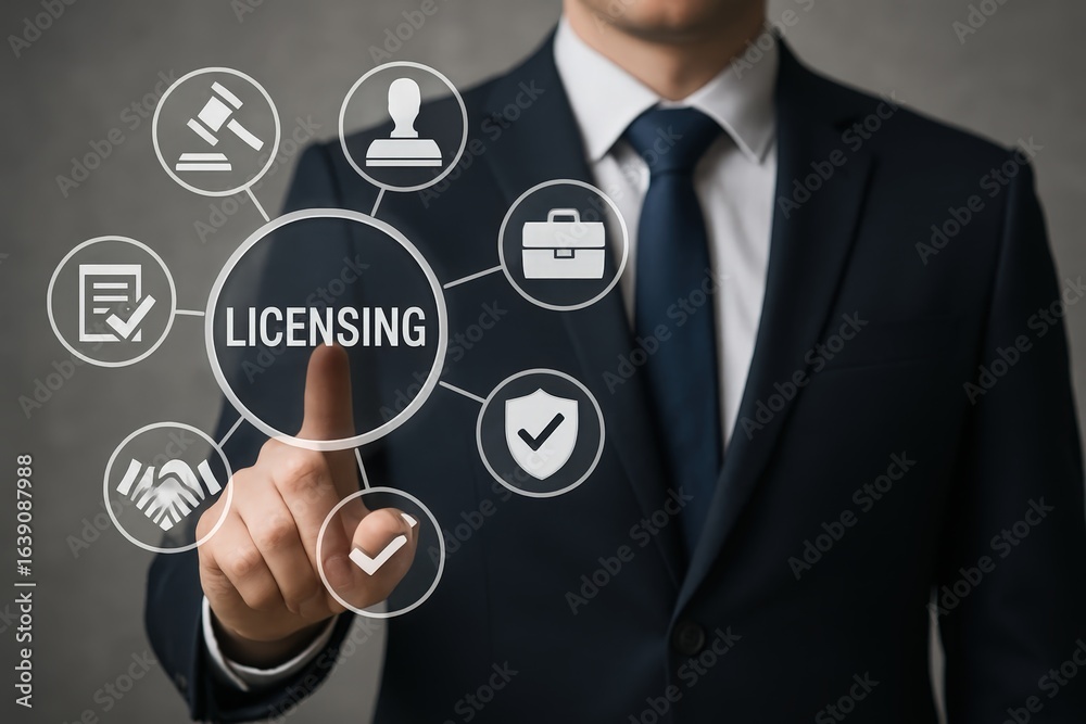 Fototapeta premium Businessperson selecting licensing options on a digital interface.